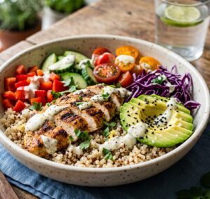 Bowl de quinoa, poulet grillé, légumes croquants et sauce yaourt-citron