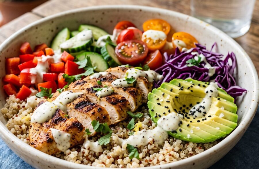 Bowl de quinoa, poulet grillé, légumes croquants et sauce yaourt-citron