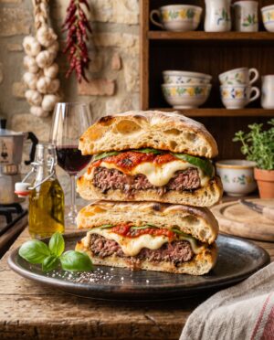 Burger alla Napoletana coupé en deux, mozzarella fondante et sugo de tomates San Marzano