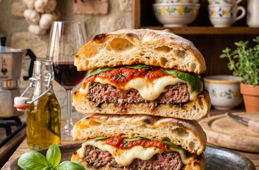 Burger alla Napoletana coupé en deux, mozzarella fondante et sugo de tomates San Marzano