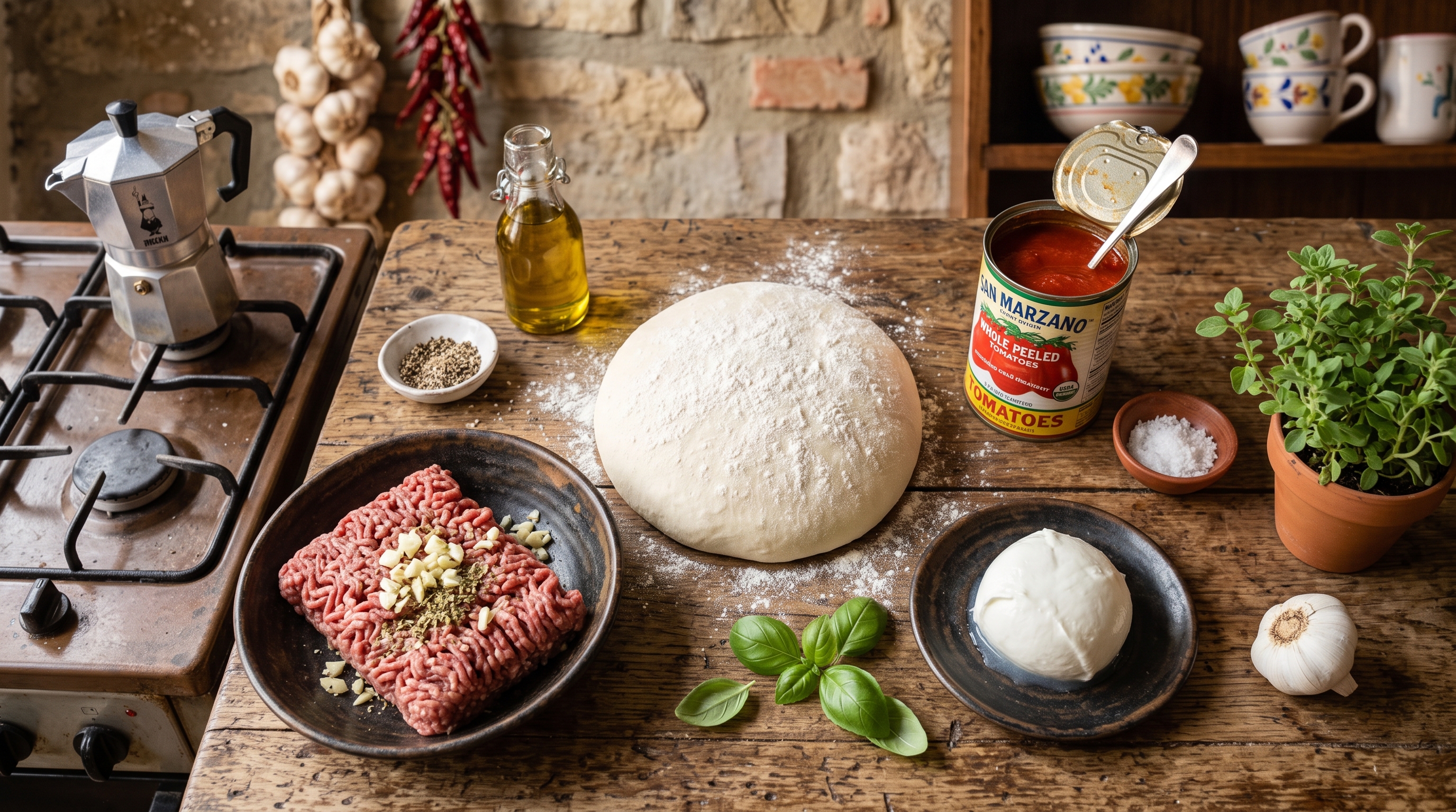 Ingrédients du Burger alla Napoletana : pâte à pizza, viande hachée, tomates San Marzano, mozzarella, basilic
