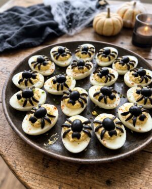 Œufs mimosa en forme d'araignées, apéritif Halloween