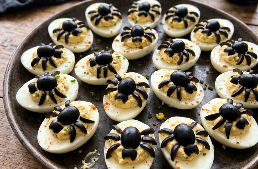 Œufs mimosa en forme d'araignées, apéritif Halloween