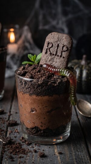 Verrines dessert Halloween en forme de cimetière au chocolat